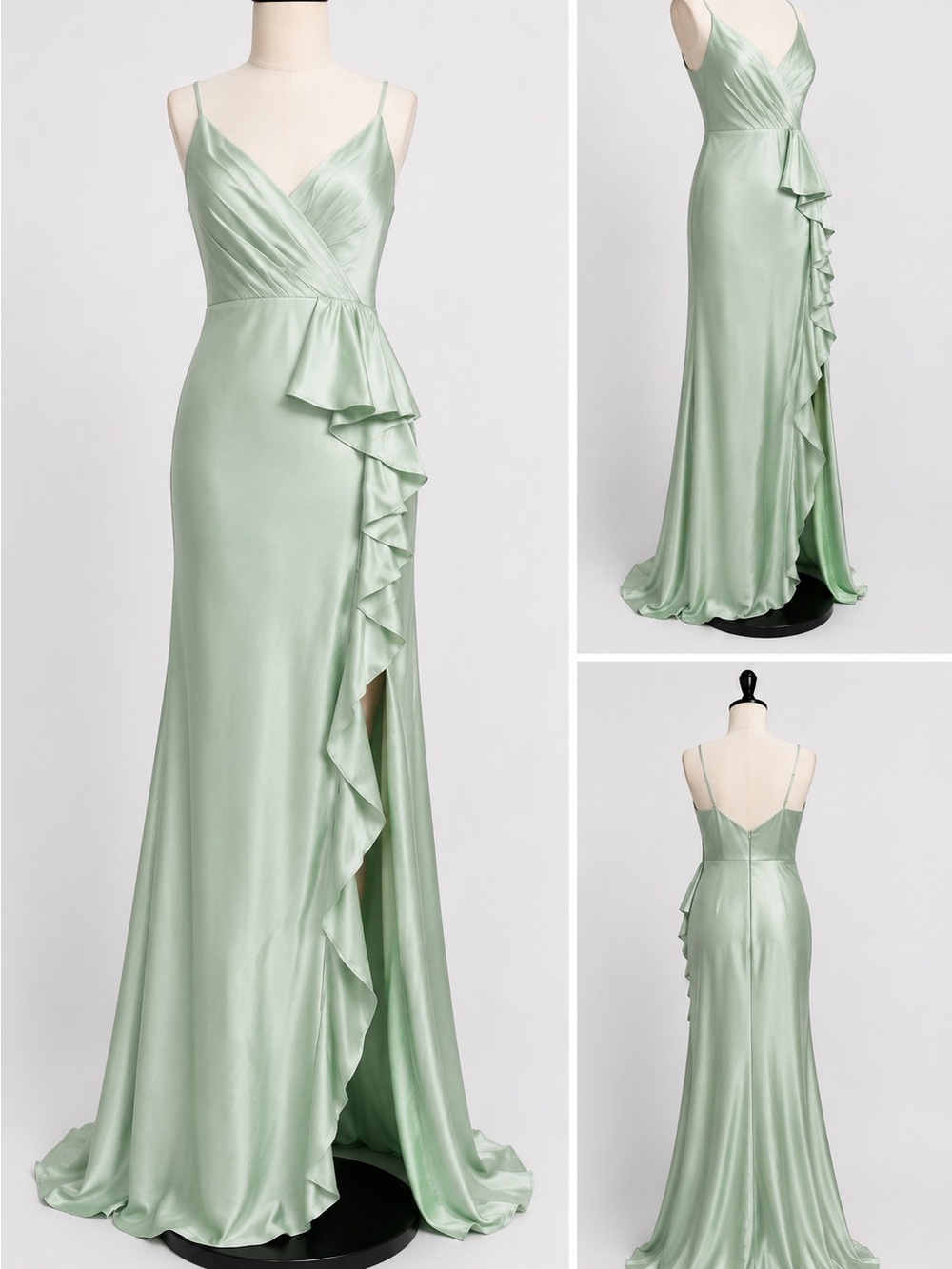 Mac Duggal Mint Green Satin Ruffle Slit Formal Gown NWT Size 4